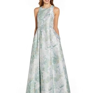Adrianna Papell Long Metallic Jacquard Ball Gown, Size 4, Pale Green/Silver